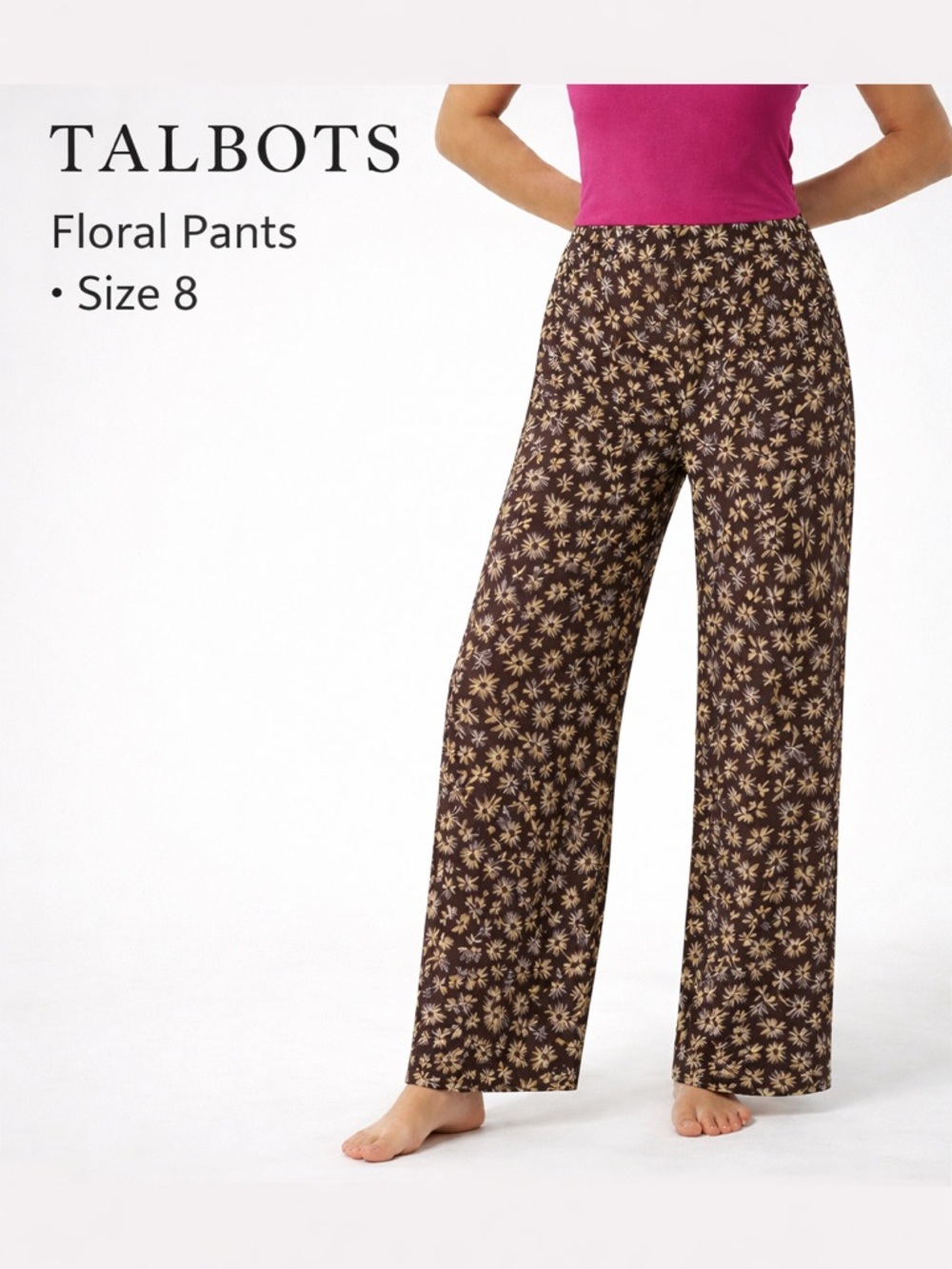 Floral Wide Leg Pants Size 8 Petite High Rise Brown Cream Talbots Boho Chic